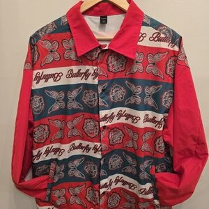 Vintage Style Shacket Red and Black Butterfly Print Shirt Jacket